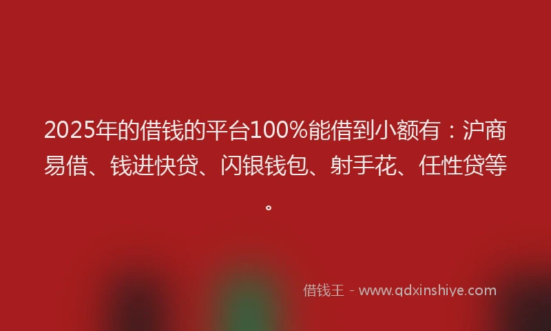 2025年的借钱的平台100%能借到小额有：沪商易借、钱进快贷、闪银钱包、射手花、任性贷等。