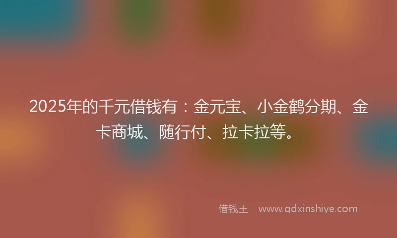 2025年的千元借钱有：金元宝、小金鹤分期、金卡商城、随行付、拉卡拉等。