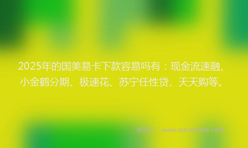 2025年的国美易卡下款容易吗有：现金流速融、小金鹤分期、极速花、苏宁任性贷、天天购等。