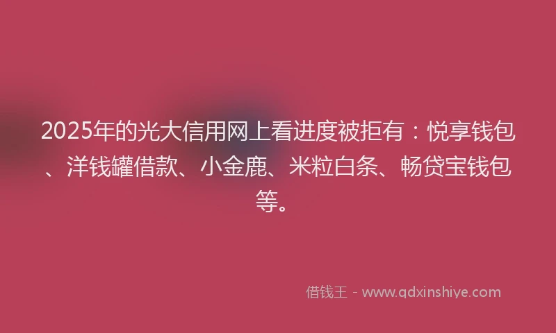 2025年的光大信用网上看进度被拒有：悦享钱包、洋钱罐借款、小金鹿、米粒白条、畅贷宝钱包等。