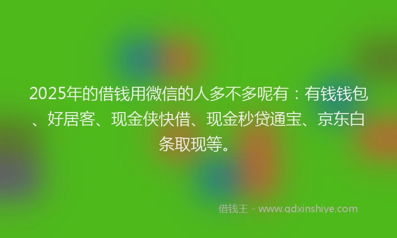 2025年的借钱用微信的人多不多呢有：有钱钱包、好居客、现金侠快借、现金秒贷通宝、京东白条取现等。