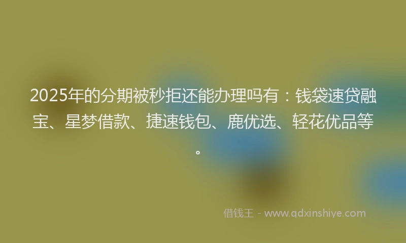 2025年的分期被秒拒还能办理吗有：钱袋速贷融宝、星梦借款、捷速钱包、鹿优选、轻花优品等。