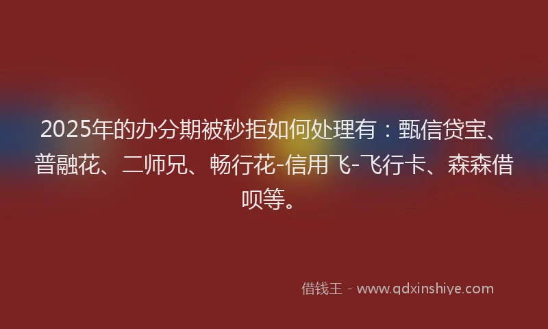 2025年的办分期被秒拒如何处理有：甄信贷宝、普融花、二师兄、畅行花-信用飞-飞行卡、森森借呗等。