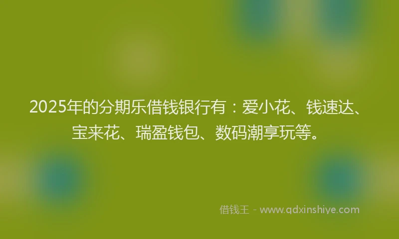 2025年的分期乐借钱银行有：爱小花、钱速达、宝来花、瑞盈钱包、数码潮享玩等。
