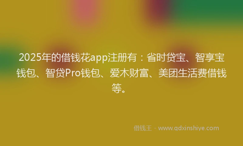 2025年的借钱花app注册有：省时贷宝、智享宝钱包、智贷Pro钱包、爱木财富、美团生活费借钱等。