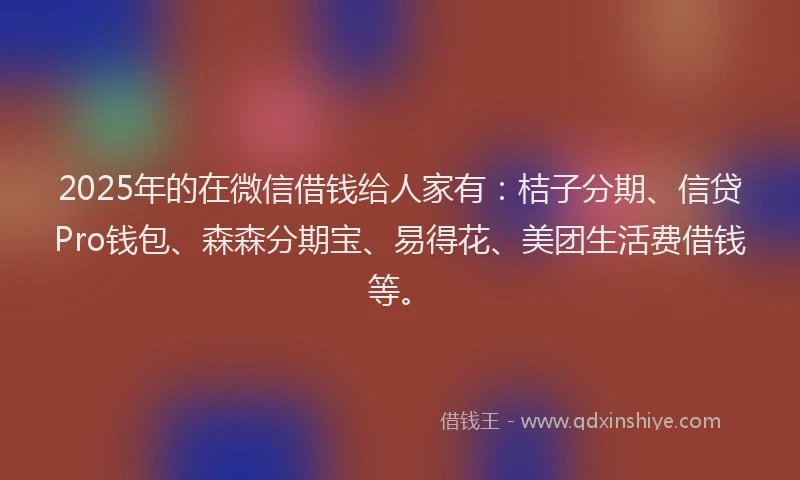 2025年的在微信借钱给人家有：桔子分期、信贷Pro钱包、森森分期宝、易得花、美团生活费借钱等。