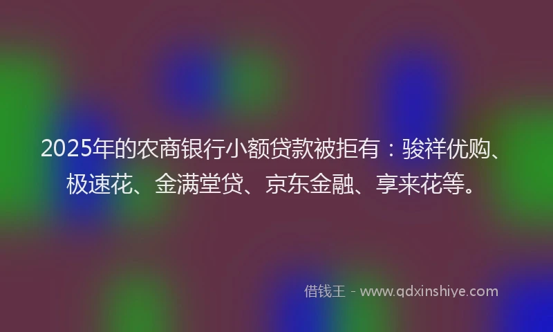 2025年的农商银行小额贷款被拒有：骏祥优购、极速花、金满堂贷、京东金融、享来花等。
