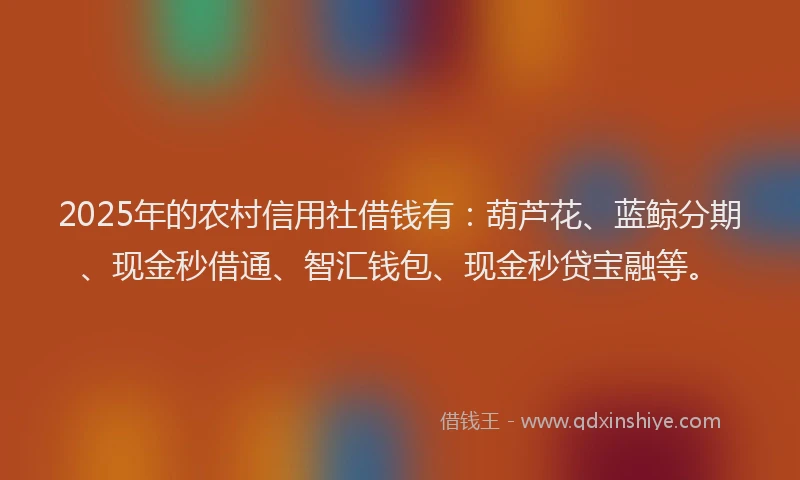 2025年的农村信用社借钱有：葫芦花、蓝鲸分期、现金秒借通、智汇钱包、现金秒贷宝融等。