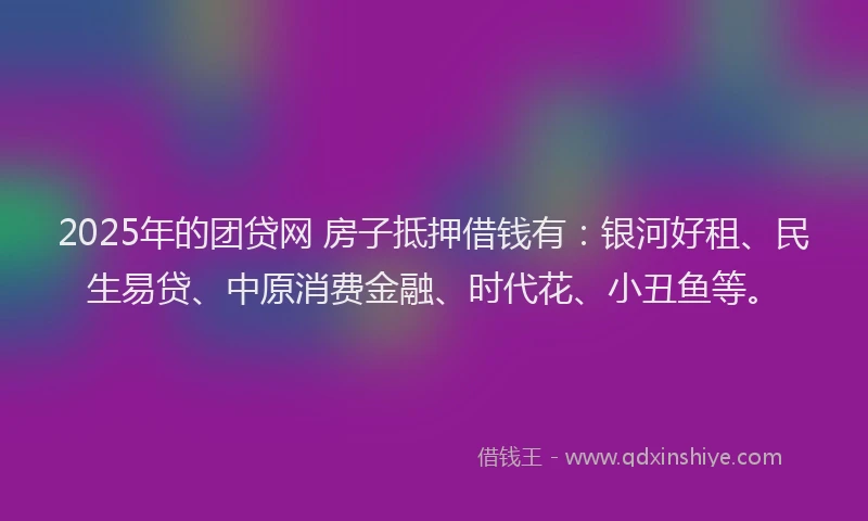 2025年的团贷网 房子抵押借钱有：银河好租、民生易贷、中原消费金融、时代花、小丑鱼等。