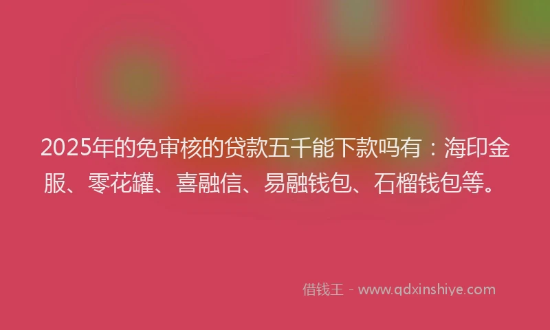2025年的免审核的贷款五千能下款吗有：海印金服、零花罐、喜融信、易融钱包、石榴钱包等。