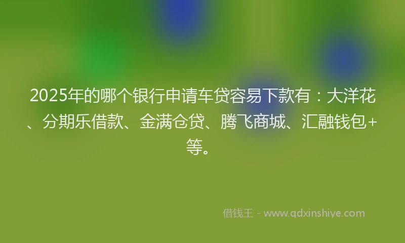 2025年的哪个银行申请车贷容易下款有：大洋花、分期乐借款、金满仓贷、腾飞商城、汇融钱包+等。