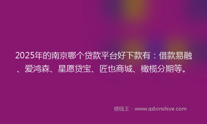2025年的南京哪个贷款平台好下款有：借款易融、爱鸿森、星愿贷宝、匠也商城、橄榄分期等。