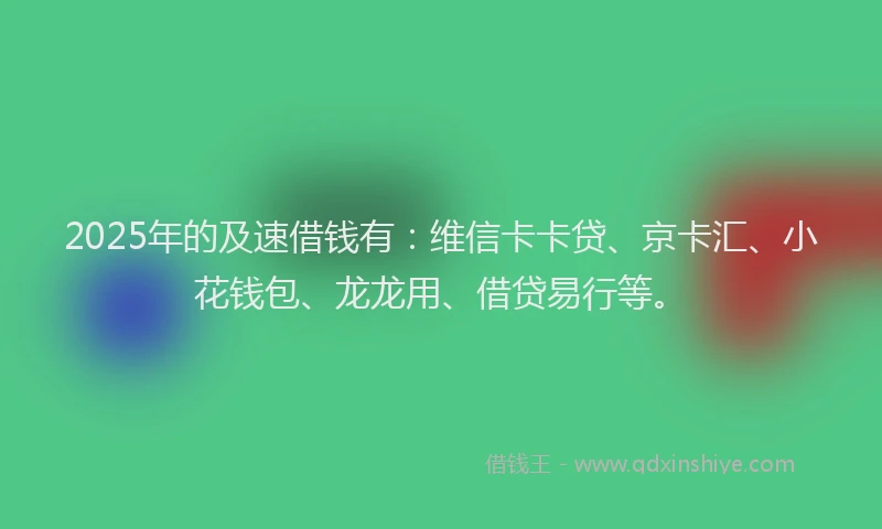2025年的及速借钱有：维信卡卡贷、京卡汇、小花钱包、龙龙用、借贷易行等。