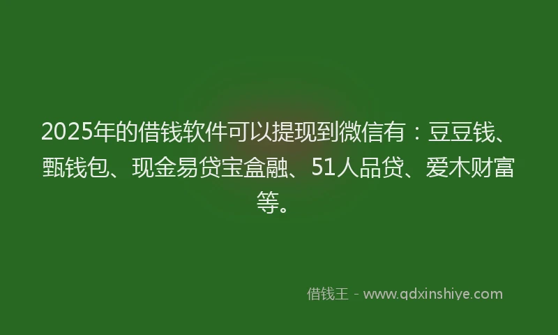 2025年的借钱软件可以提现到微信有：豆豆钱、甄钱包、现金易贷宝盒融、51人品贷、爱木财富等。