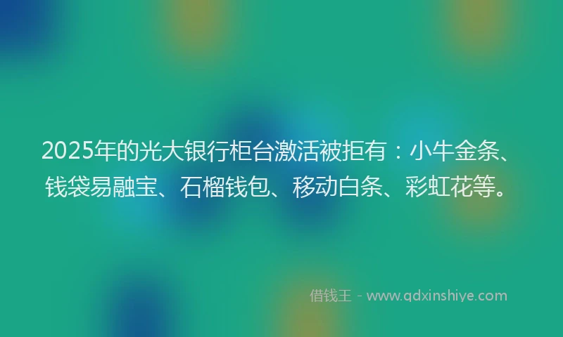 2025年的光大银行柜台激活被拒有：小牛金条、钱袋易融宝、石榴钱包、移动白条、彩虹花等。