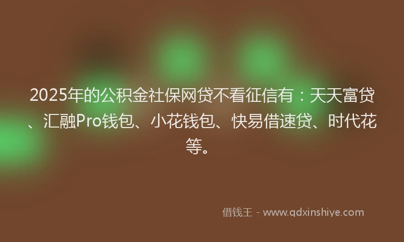 2025年的公积金社保网贷不看征信有：天天富贷、汇融Pro钱包、小花钱包、快易借速贷、时代花等。