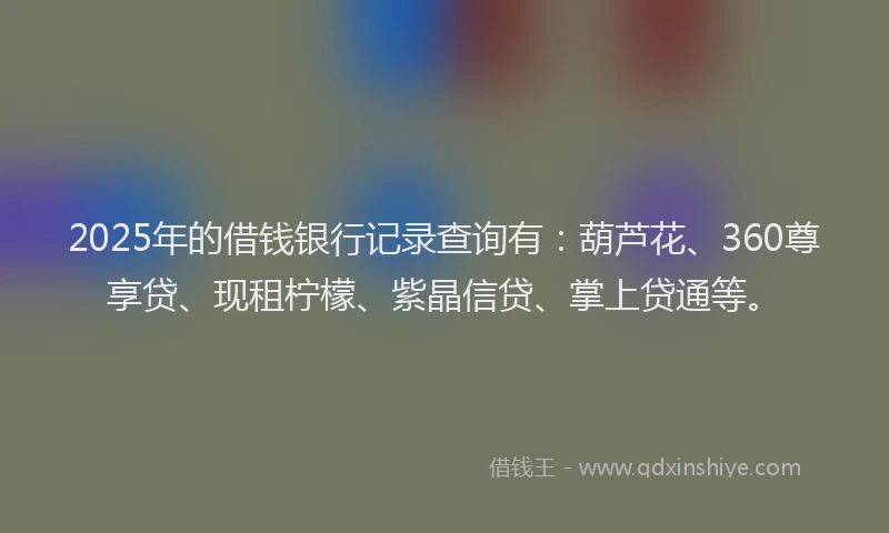 2025年的借钱银行记录查询有：葫芦花、360尊享贷、现租柠檬、紫晶信贷、掌上贷通等。