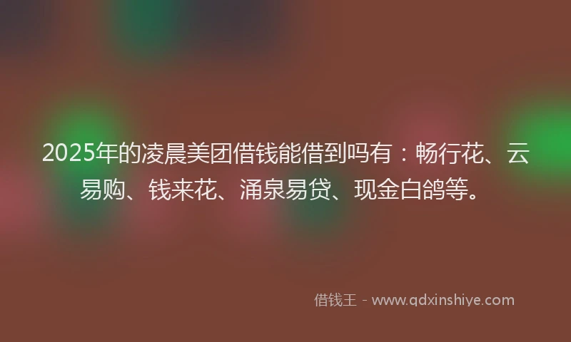 2025年的凌晨美团借钱能借到吗有：畅行花、云易购、钱来花、涌泉易贷、现金白鸽等。