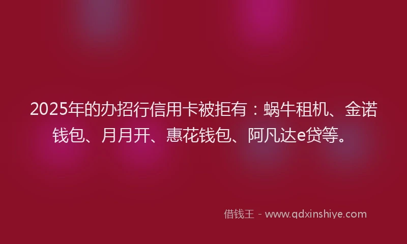 2025年的办招行信用卡被拒有：蜗牛租机、金诺钱包、月月开、惠花钱包、阿凡达e贷等。