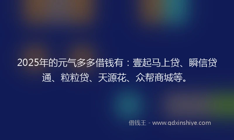 2025年的元气多多借钱有：壹起马上贷、瞬信贷通、粒粒贷、天源花、众帮商城等。