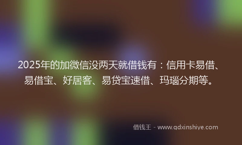 2025年的加微信没两天就借钱有：信用卡易借、易借宝、好居客、易贷宝速借、玛瑙分期等。