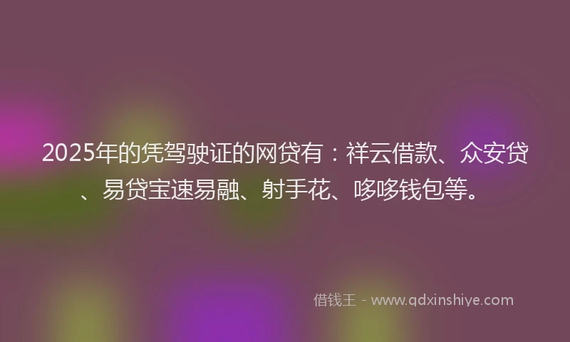 2025年的凭驾驶证的网贷有：祥云借款、众安贷、易贷宝速易融、射手花、哆哆钱包等。