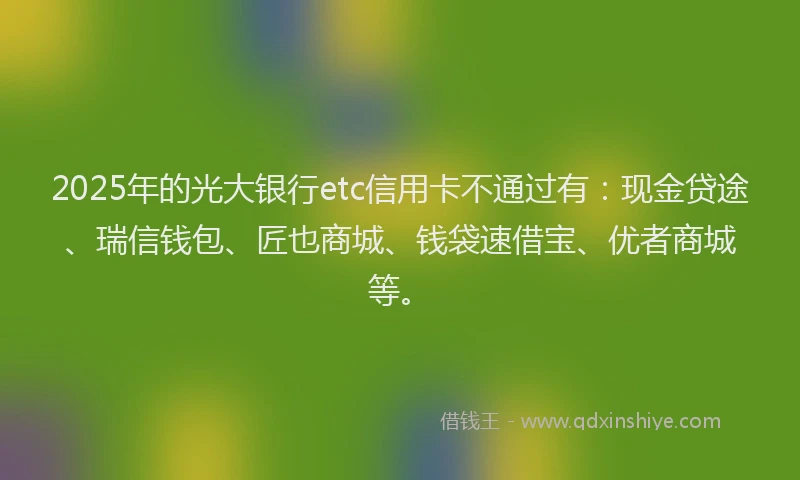 2025年的光大银行etc信用卡不通过有：现金贷途、瑞信钱包、匠也商城、钱袋速借宝、优者商城等。