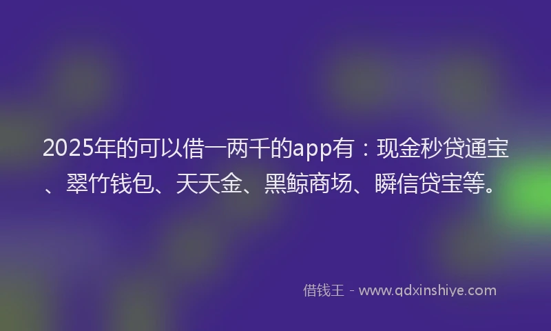2025年的可以借一两千的app有：现金秒贷通宝、翠竹钱包、天天金、黑鲸商场、瞬信贷宝等。