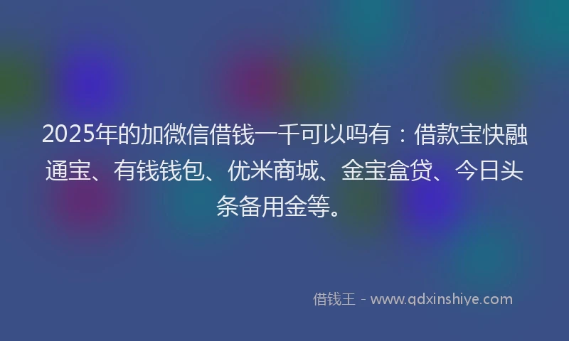 2025年的加微信借钱一千可以吗有：借款宝快融通宝、有钱钱包、优米商城、金宝盒贷、今日头条备用金等。