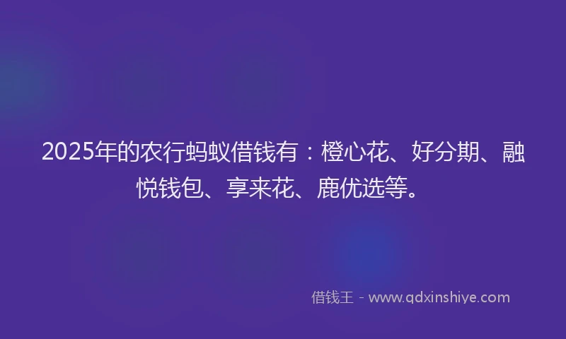 2025年的农行蚂蚁借钱有：橙心花、好分期、融悦钱包、享来花、鹿优选等。
