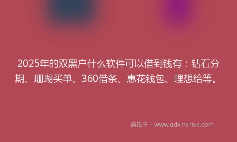 2025年的双黑户什么软件可以借到钱有：钻石分期、珊瑚买单、360借条、惠花钱包、理想给等。