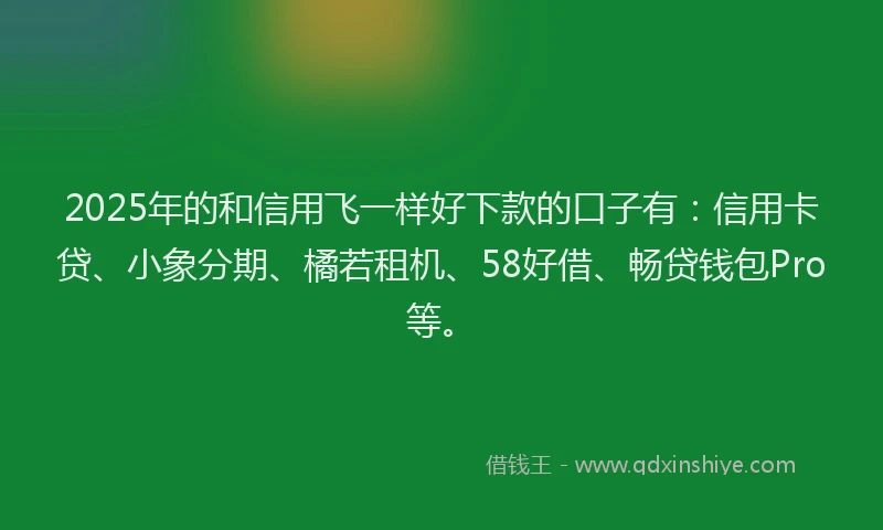 2025年的和信用飞一样好下款的口子有：信用卡贷、小象分期、橘若租机、58好借、畅贷钱包Pro等。