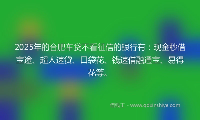 2025年的合肥车贷不看征信的银行有：现金秒借宝途、超人速贷、口袋花、钱速借融通宝、易得花等。