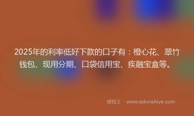 2025年的利率低好下款的口子有：橙心花、翠竹钱包、现用分期、口袋信用宝、疾融宝盒等。