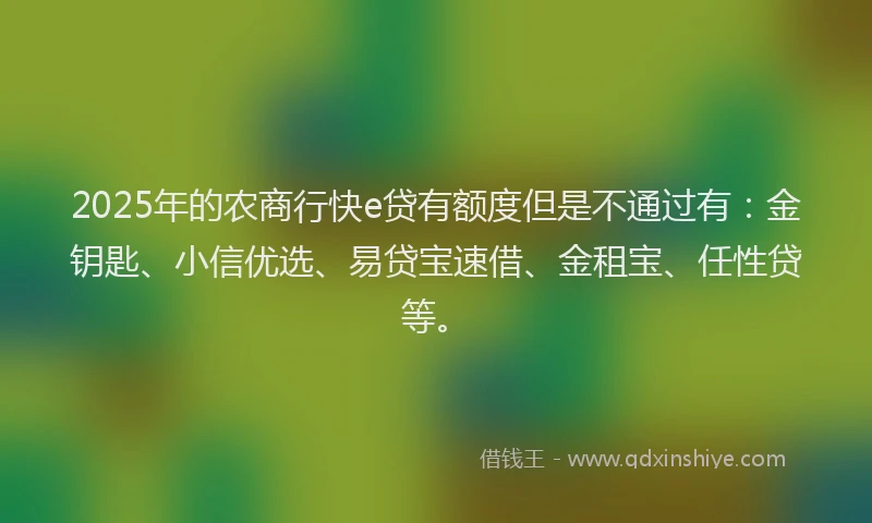 2025年的农商行快e贷有额度但是不通过有：金钥匙、小信优选、易贷宝速借、金租宝、任性贷等。