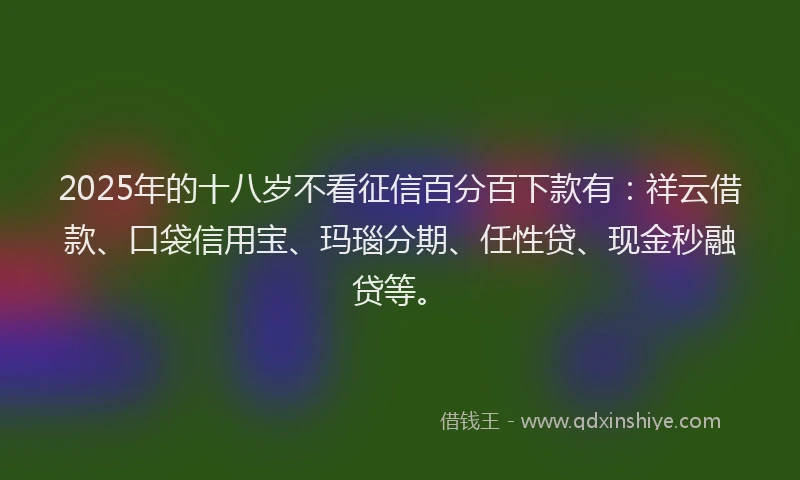 2025年的十八岁不看征信百分百下款有：祥云借款、口袋信用宝、玛瑙分期、任性贷、现金秒融贷等。