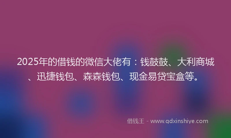 2025年的借钱的微信大佬有：钱鼓鼓、大利商城、迅捷钱包、森森钱包、现金易贷宝盒等。