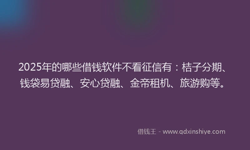 2025年的哪些借钱软件不看征信有：桔子分期、钱袋易贷融、安心贷融、金帝租机、旅游购等。
