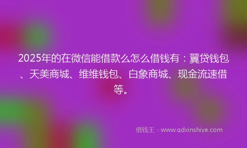 2025年的在微信能借款么怎么借钱有：翼贷钱包、天美商城、维维钱包、白象商城、现金流速借等。