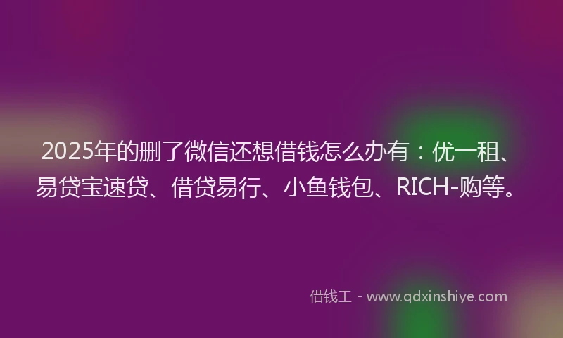 2025年的删了微信还想借钱怎么办有：优一租、易贷宝速贷、借贷易行、小鱼钱包、RICH-购等。