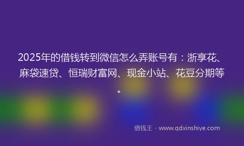 2025年的借钱转到微信怎么弄账号有：浙享花、麻袋速贷、恒瑞财富网、现金小站、花豆分期等。