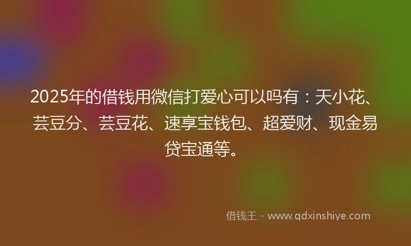 2025年的借钱用微信打爱心可以吗有：天小花、芸豆分、芸豆花、速享宝钱包、超爱财、现金易贷宝通等。