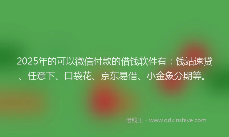 2025年的可以微信付款的借钱软件有：钱站速贷、任意下、口袋花、京东易借、小金象分期等。