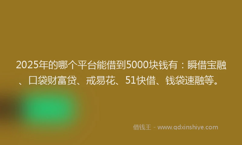 2025年的哪个平台能借到5000块钱有：瞬借宝融、口袋财富贷、戒易花、51快借、钱袋速融等。