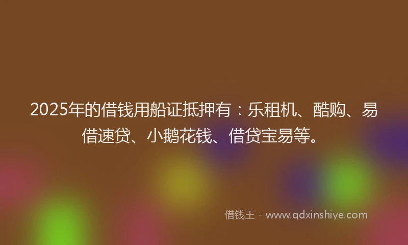 2025年的借钱用船证抵押有：乐租机、酷购、易借速贷、小鹅花钱、借贷宝易等。