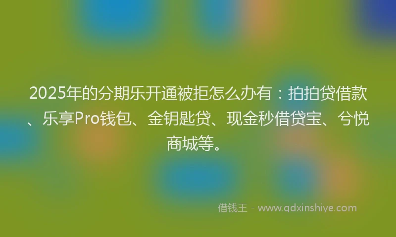 2025年的分期乐开通被拒怎么办有：拍拍贷借款、乐享Pro钱包、金钥匙贷、现金秒借贷宝、兮悦商城等。