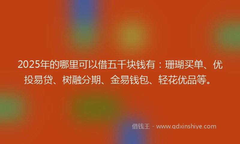 2025年的哪里可以借五千块钱有：珊瑚买单、优投易贷、树融分期、金易钱包、轻花优品等。