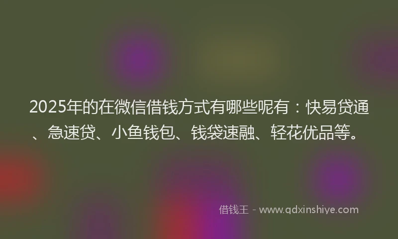 2025年的在微信借钱方式有哪些呢有：快易贷通、急速贷、小鱼钱包、钱袋速融、轻花优品等。