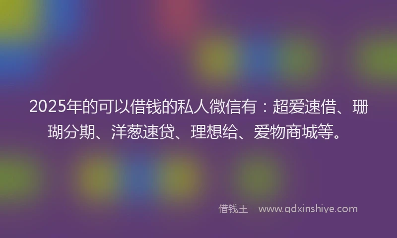 2025年的可以借钱的私人微信有：超爱速借、珊瑚分期、洋葱速贷、理想给、爱物商城等。