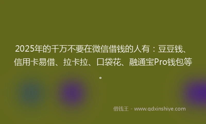 2025年的千万不要在微信借钱的人有：豆豆钱、信用卡易借、拉卡拉、口袋花、融通宝Pro钱包等。